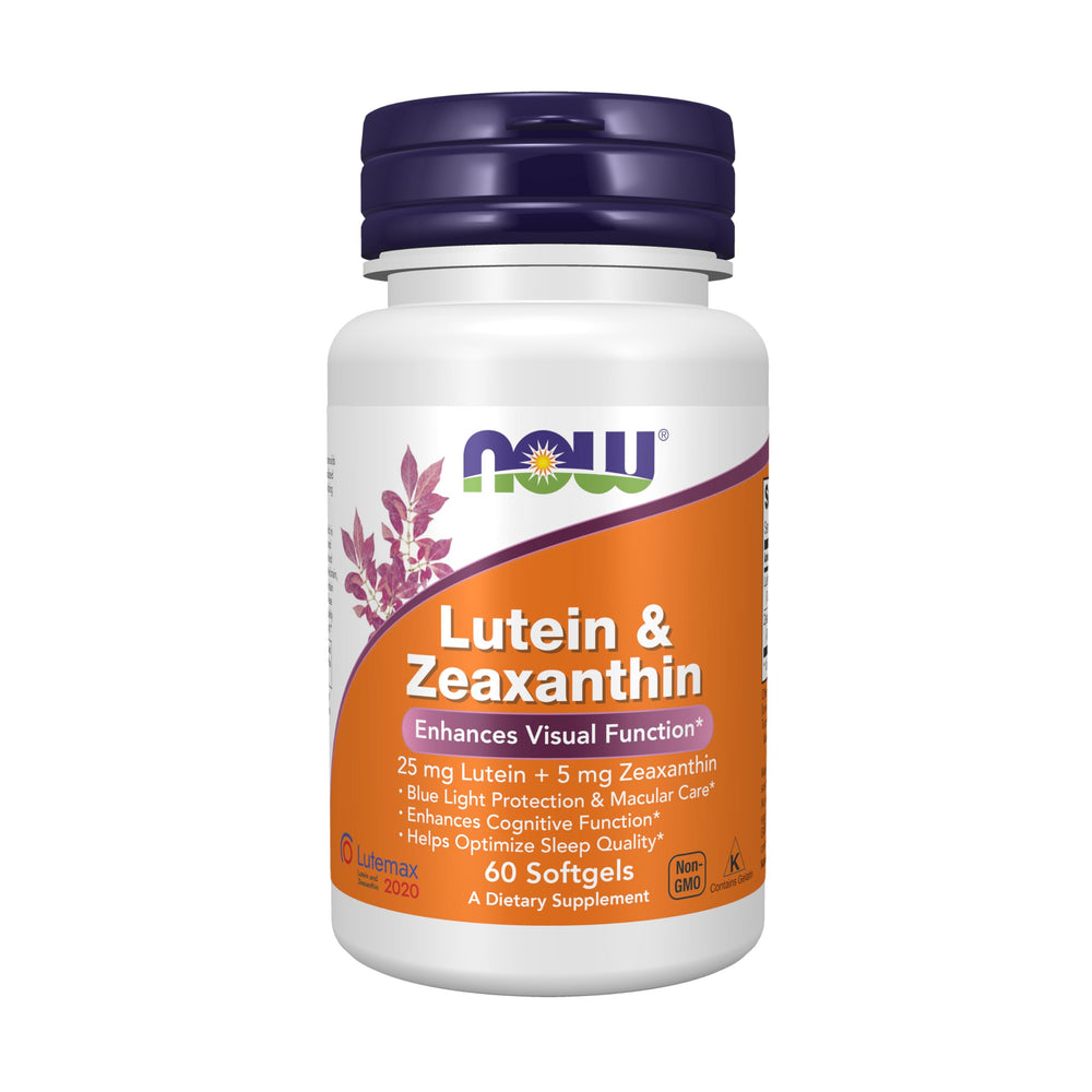 NOW Foods Lutein & Zeaxanthin softgel bottle highlights eye health support