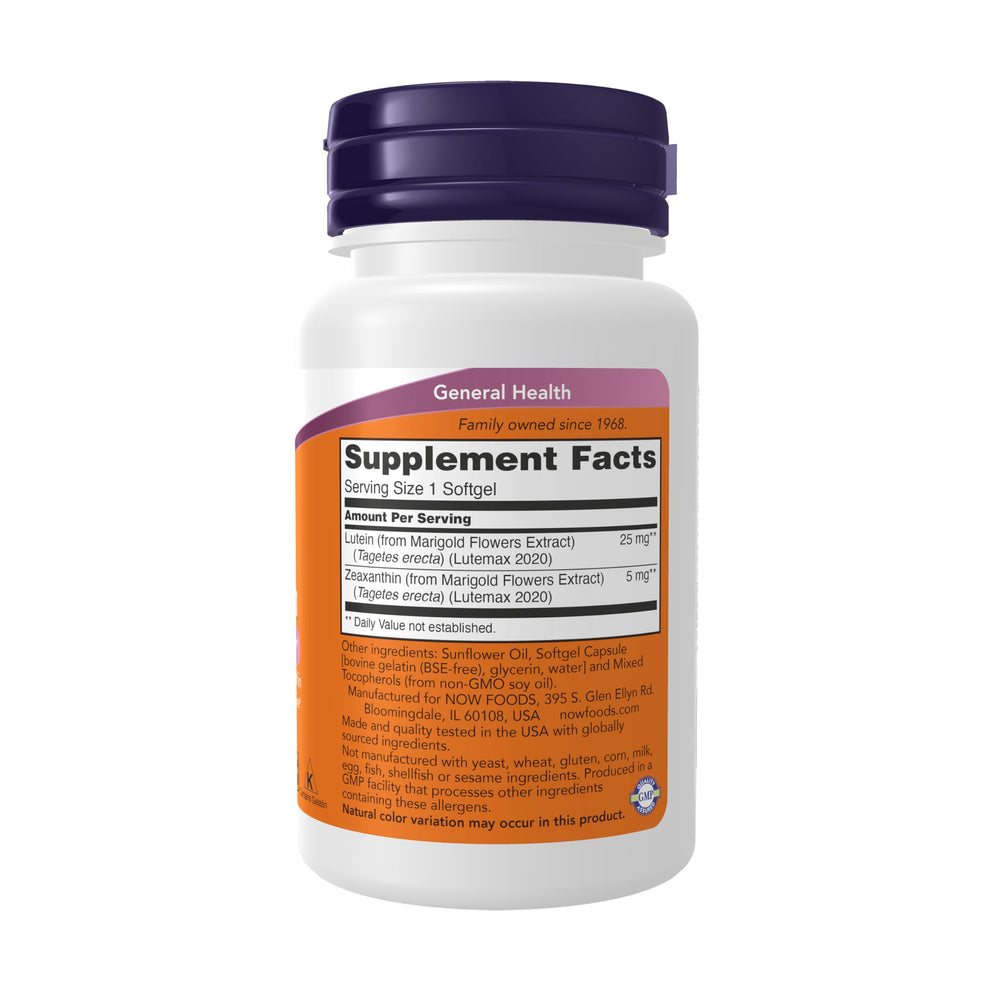 NOW Foods Lutein & Zeaxanthin softgel closeup emphasizes clear vision filters