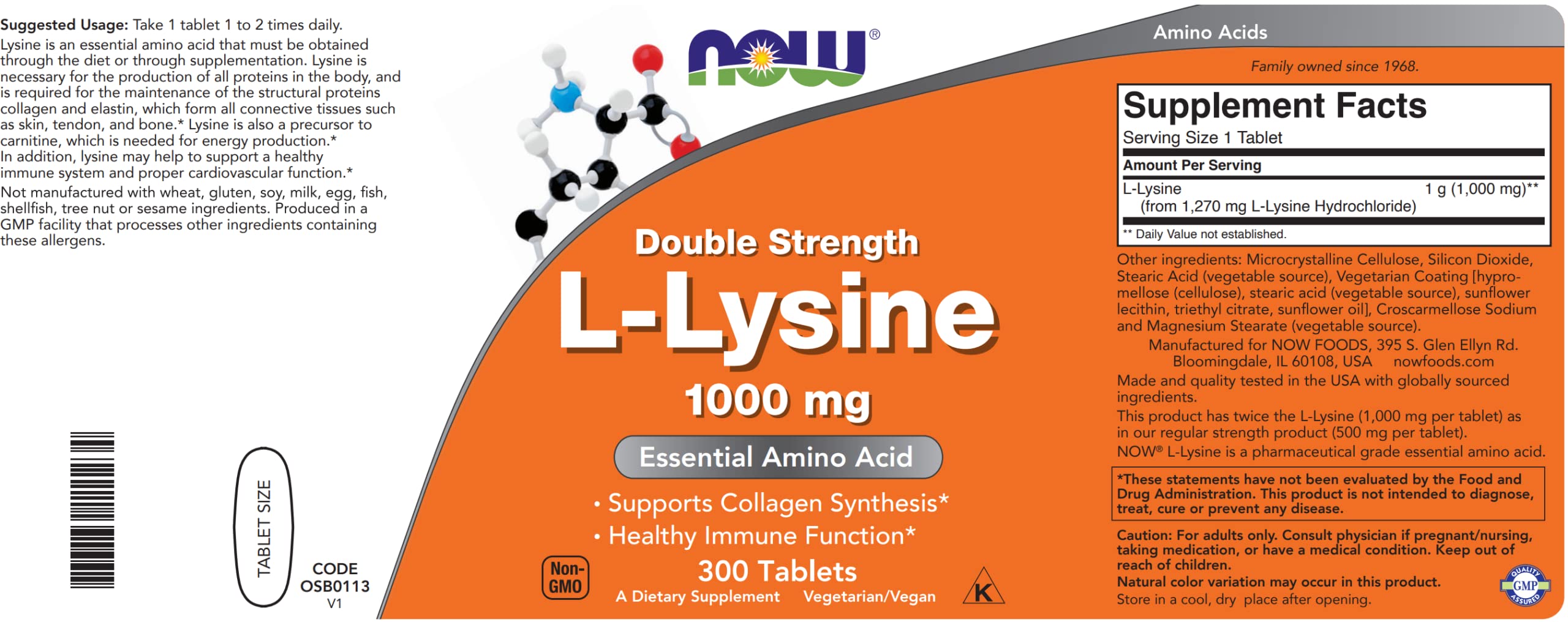 NOW Foods L-Lysine 1000 mg bottle label close-up showing vegan and non-GMO status