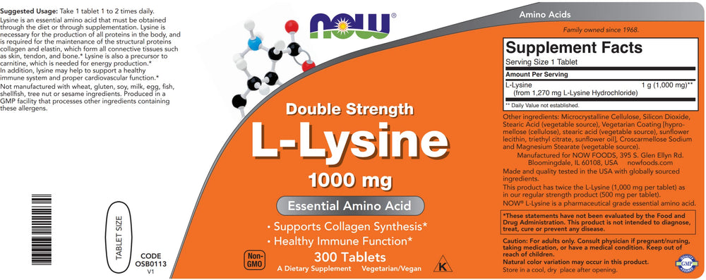 NOW Foods L-Lysine 1000 mg bottle label close-up showing vegan and non-GMO status