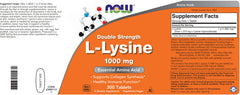 NOW Foods L-Lysine 1000 mg bottle label close-up showing vegan and non-GMO status