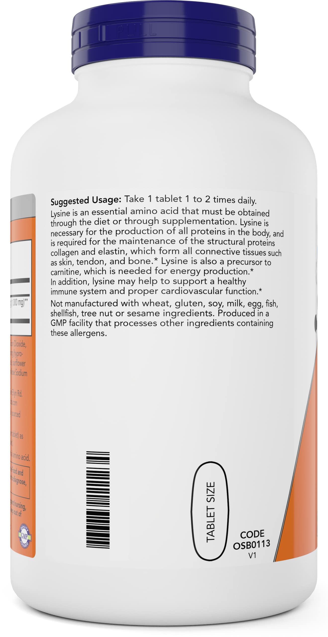 NOW Foods L-Lysine 1000 mg ingredients panel highlighting pharmaceutical-grade lysine