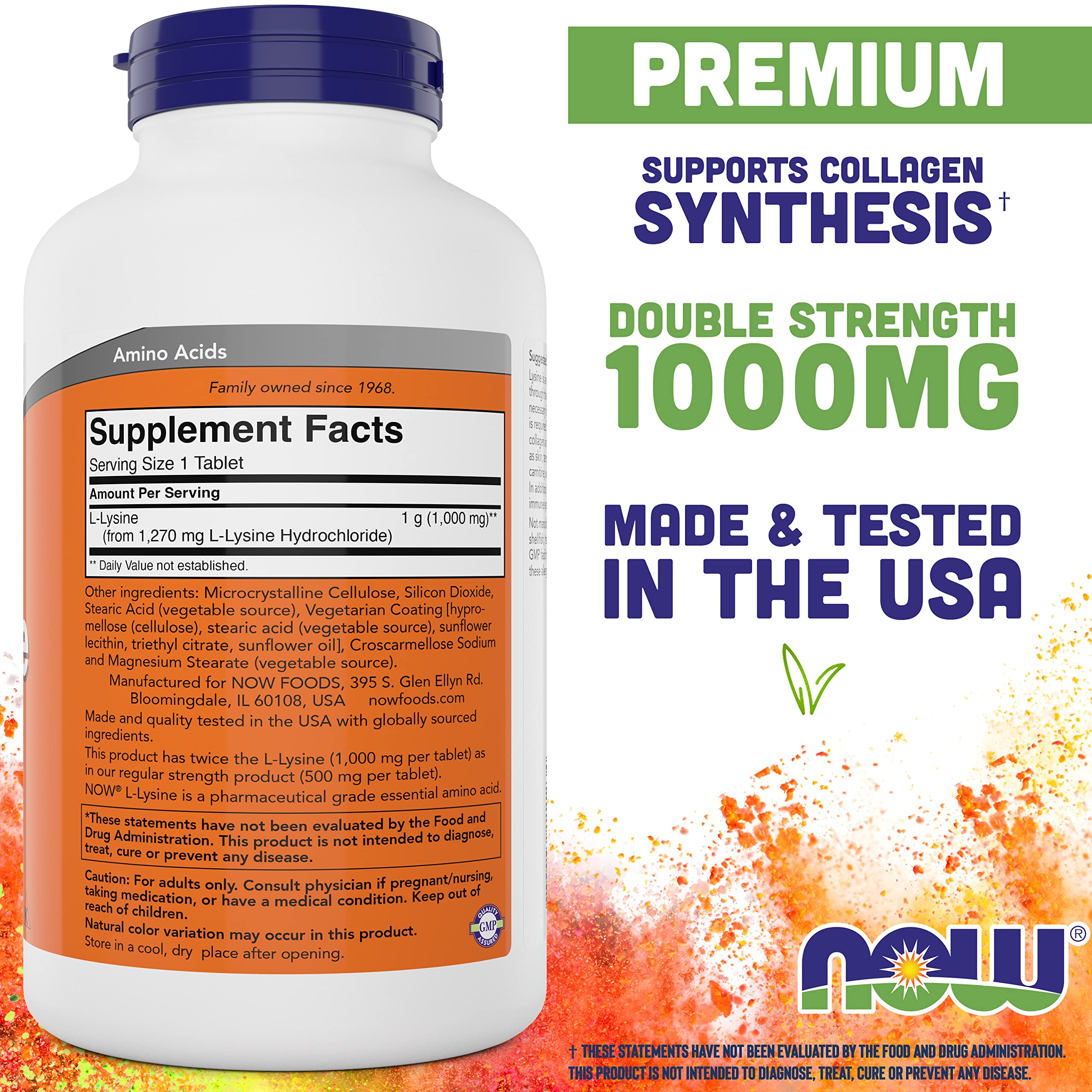 NOW Foods L-Lysine 1000 mg tablets side view for easy daily intake
