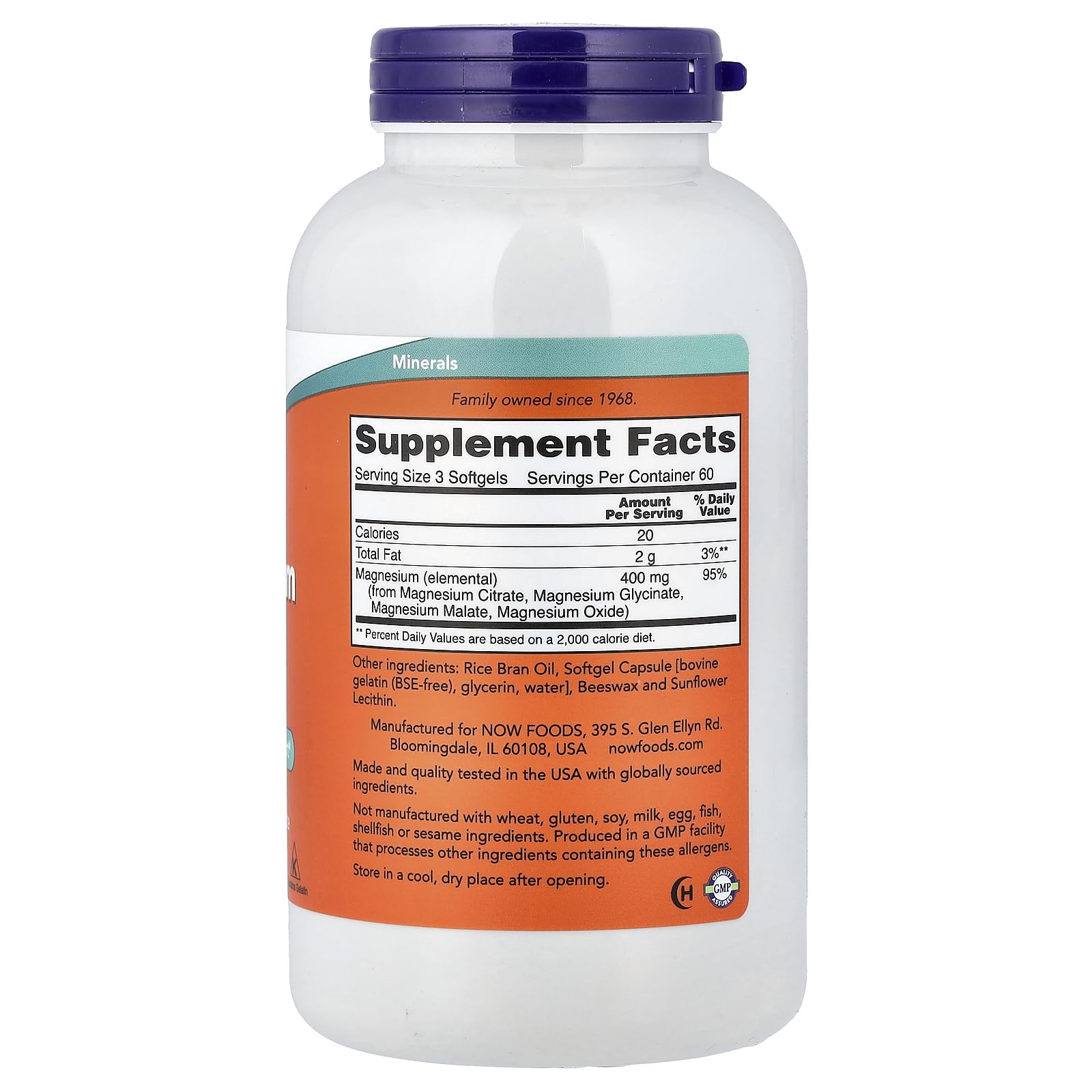 NOW Foods Magnesium Citrate softgels packaging and capsules, highlighting easy absorption.