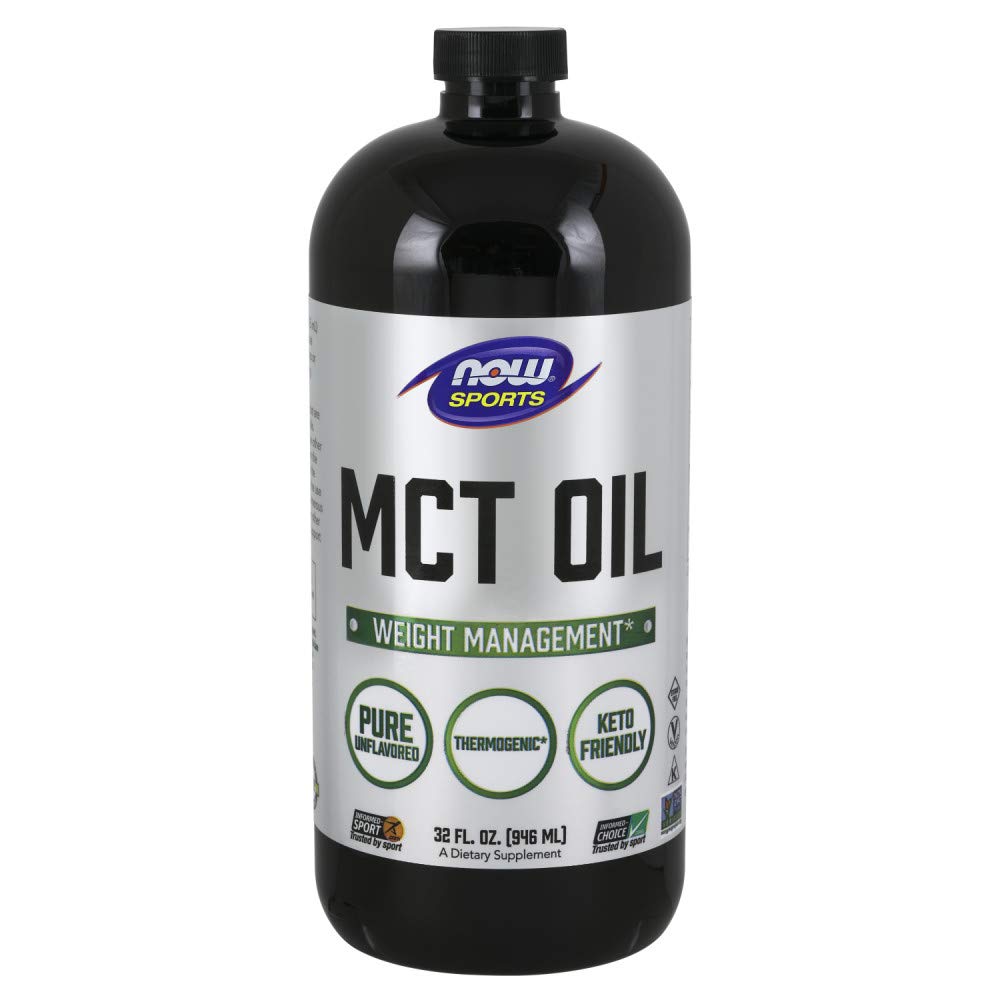 NOW Foods MCT 100% Oil bottle front view emphasizes trusted brand quality