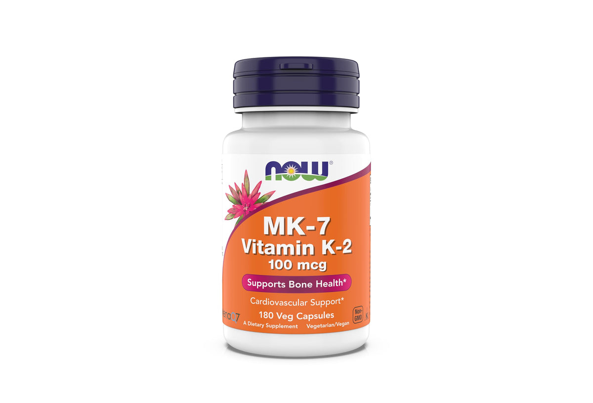 NOW Foods MK-7 bottle on countertop supports bone health and arterial calcium balance.