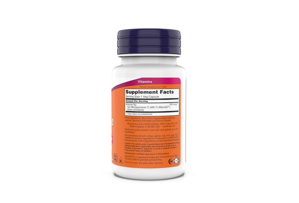 NOW Foods MK-7 capsules close-up showing vegan, soy-free formulation for bone and arterial support.