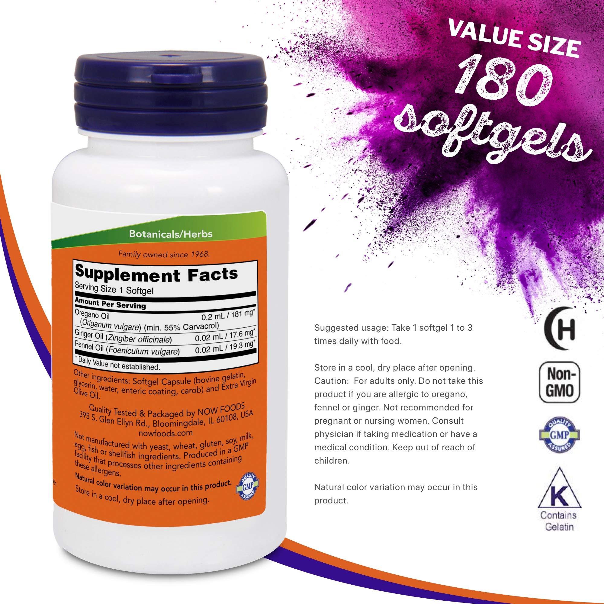 NOW Foods Oregano Oil softgels being poured to suggest easy daily use