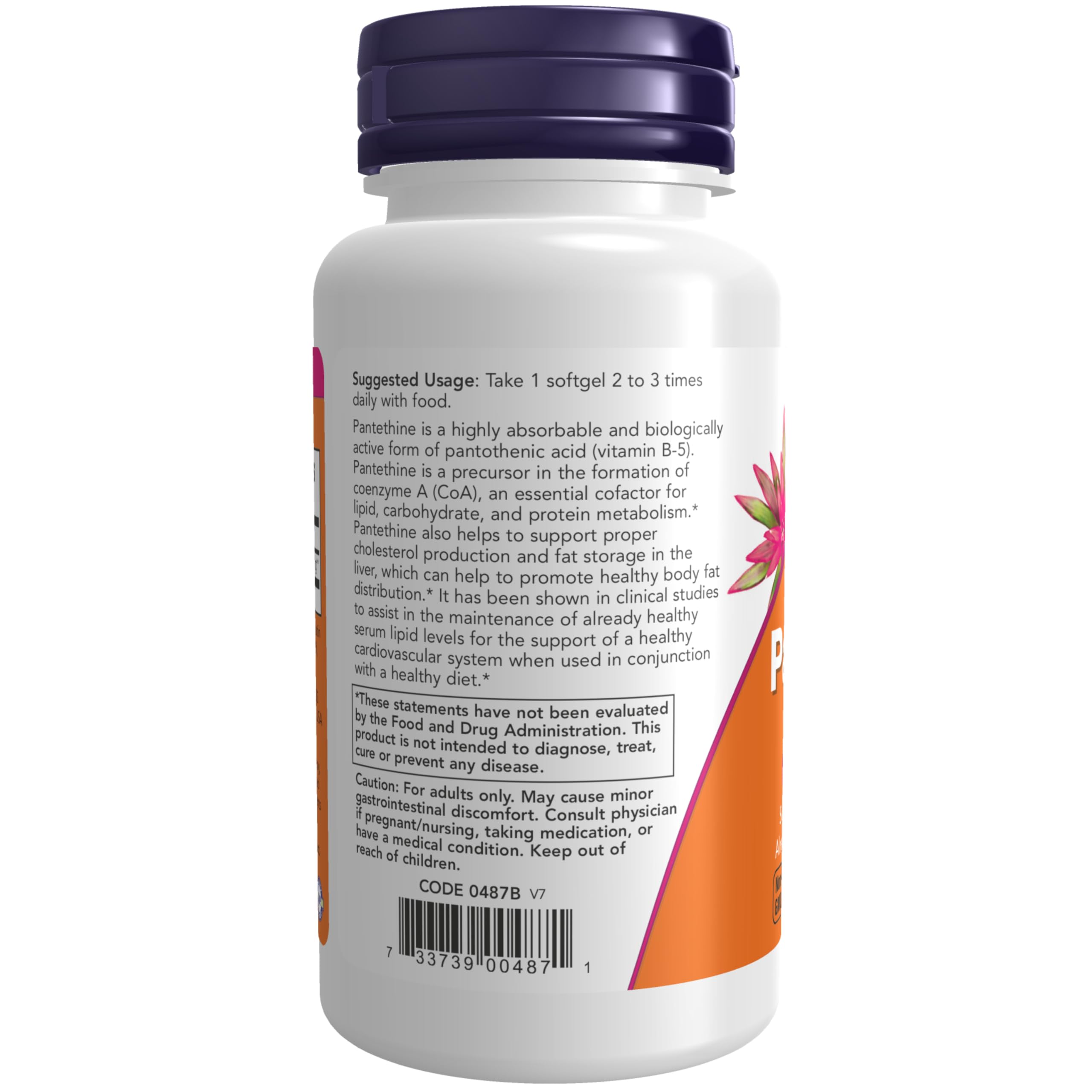 NOW Foods Pantethine 300 mg label closeup highlighting potency for lipid metabolism.