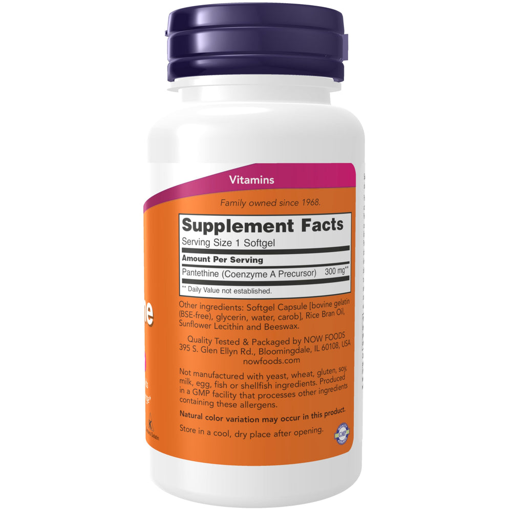 NOW Foods Pantethine softgels closeup for easy daily cardiovascular support.