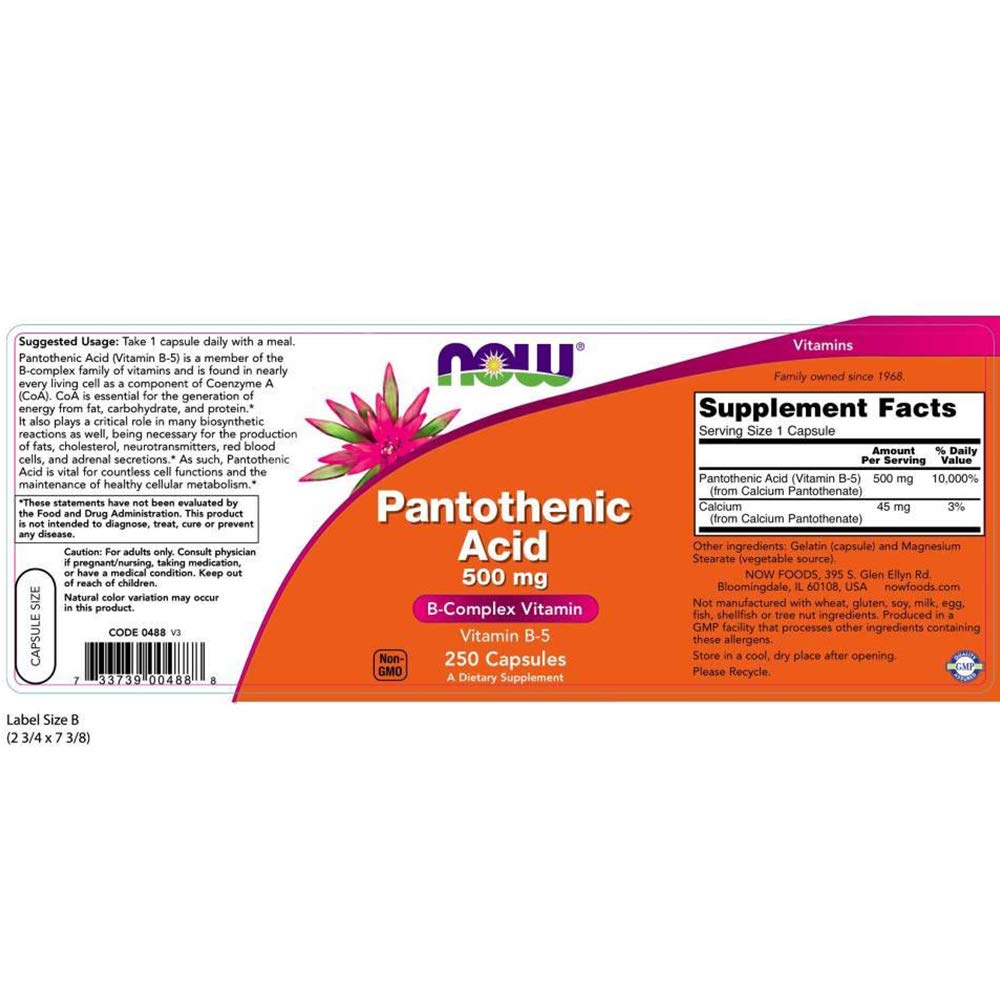 NOW Foods Pantothenic Acid capsules closeup highlighting convenient daily supplement.