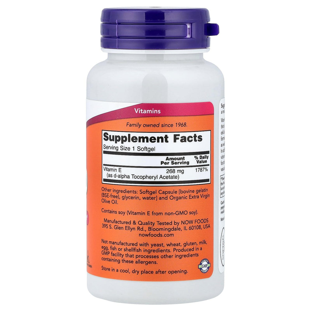NOW Foods Acetato de D-alfa tocoferol, cápsulas blandas, presentación de 100 cápsulas para uso diario.