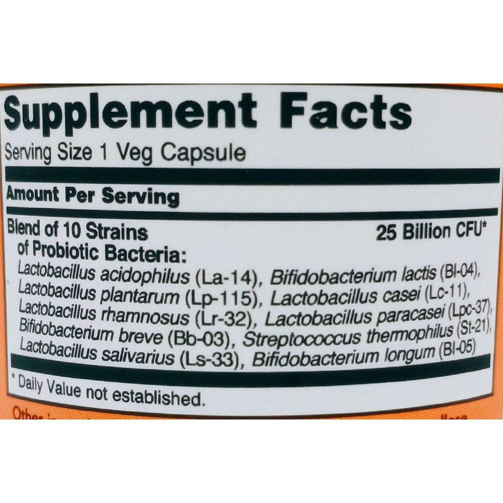 NOW Foods Probiotic-10 label close-up emphasizing shelf-stable veggie capsules