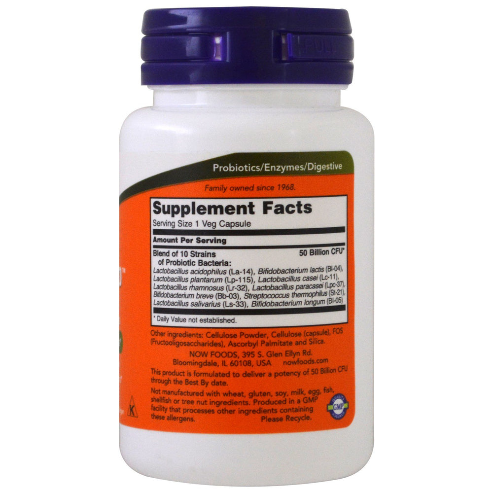 NOW Foods Probiotic10 50 Billion bottle label close-up highlighting 10-strain blend.