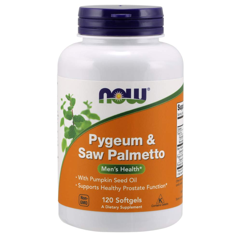 NOW Foods Pygeum & Saw Palmetto bottle with softgels for daily urinary support.
