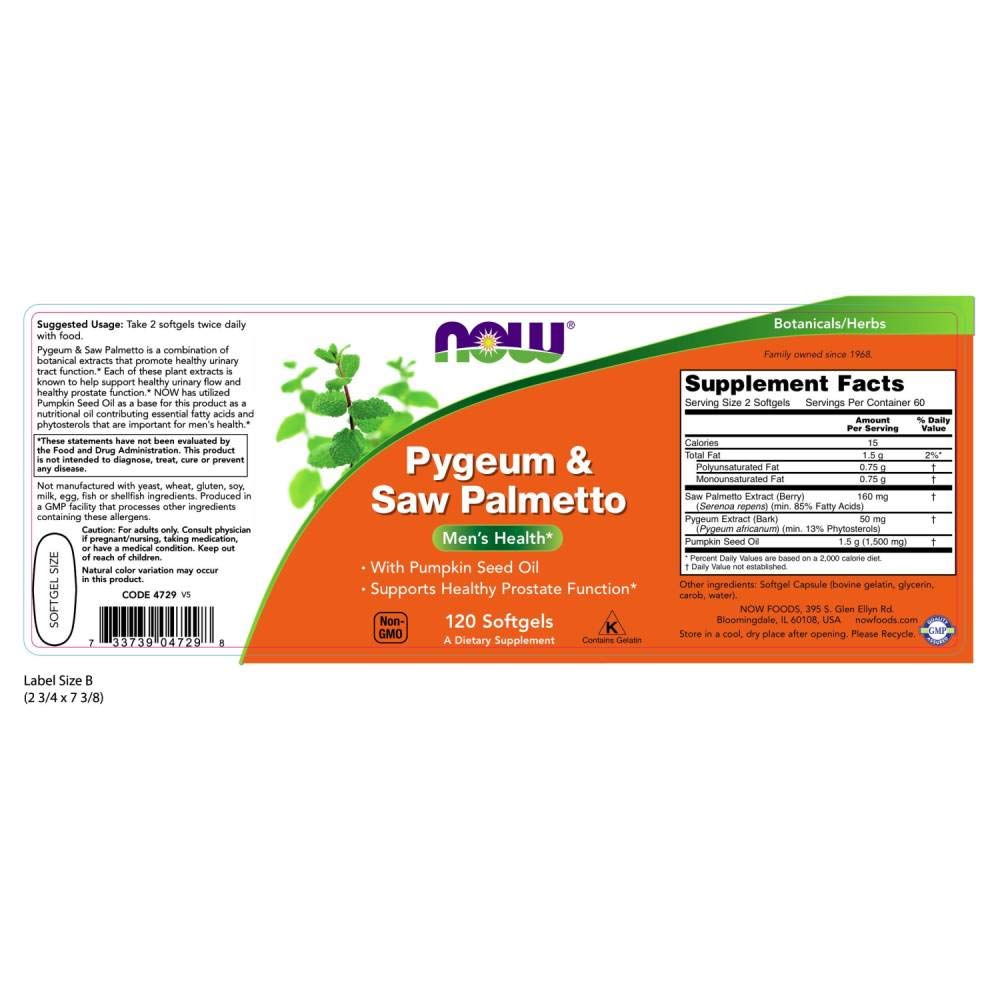 NOW Foods Pygeum & Saw Palmetto softgels close-up for daily urinary support.