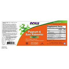 NOW Foods Pygeum & Saw Palmetto softgels close-up for daily urinary support.