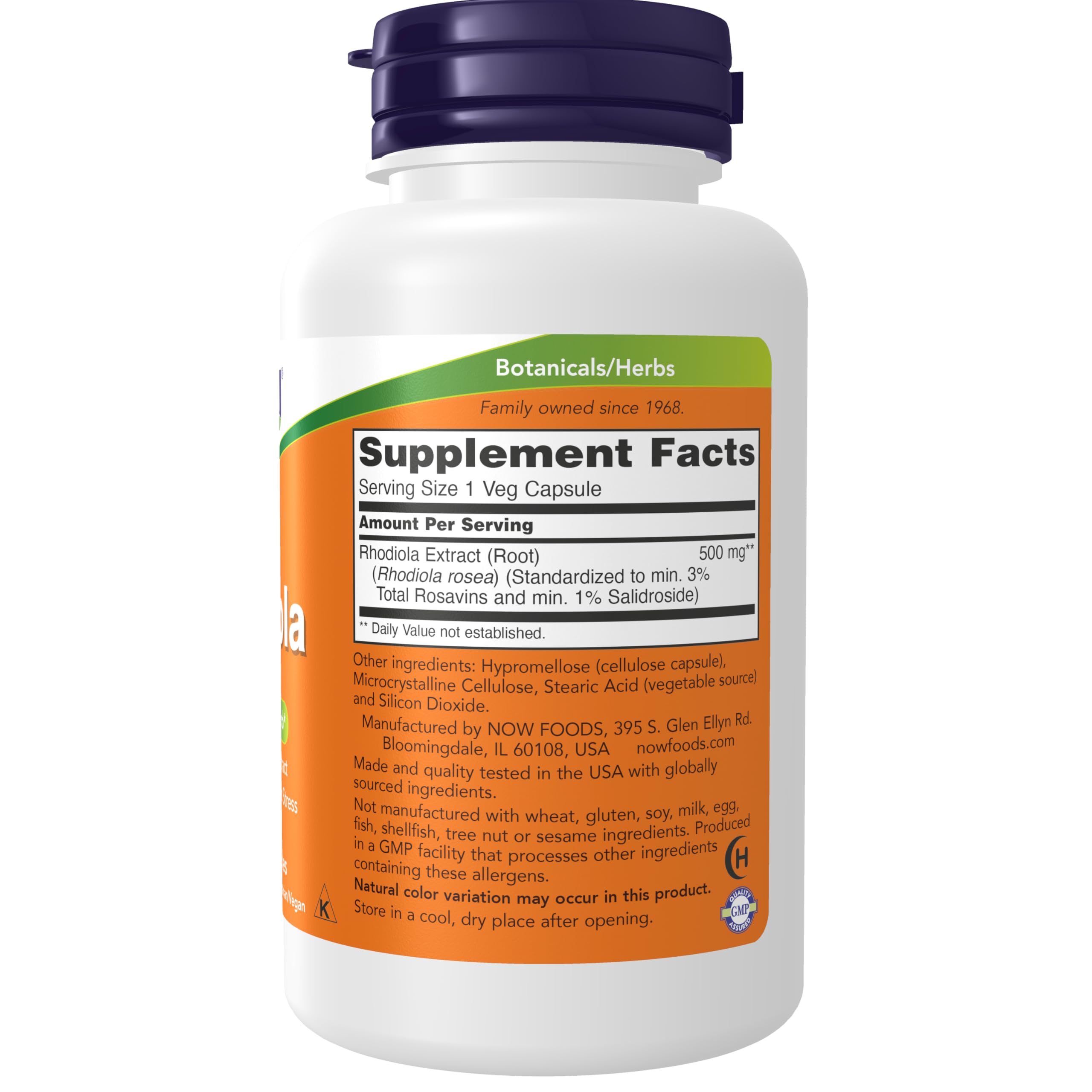 NOW Foods Rhodiola 500 mg capsules closeup showing easy-to-swallo vegan capsules for everyday use