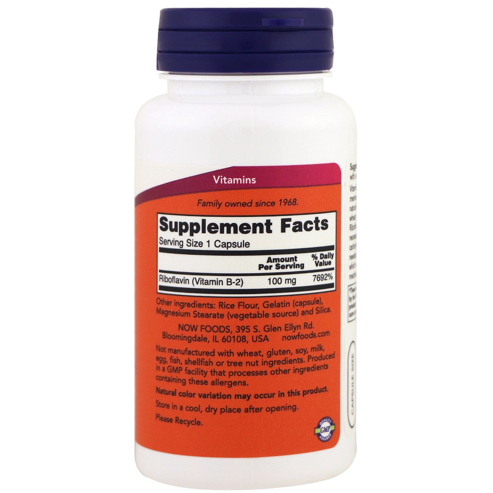NOW Foods riboflavin 100mg capsules close-up; convenient daily supplement.