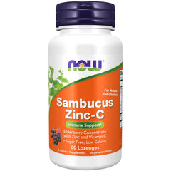 NOW Foods Sambucus Zinc-C, empaque visible para uso diario y apoyo inmunitario