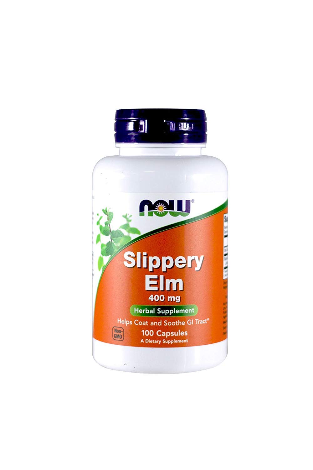 NOW Foods slippery elm 400mg capsules pack-2 shown, potential GI comfort support