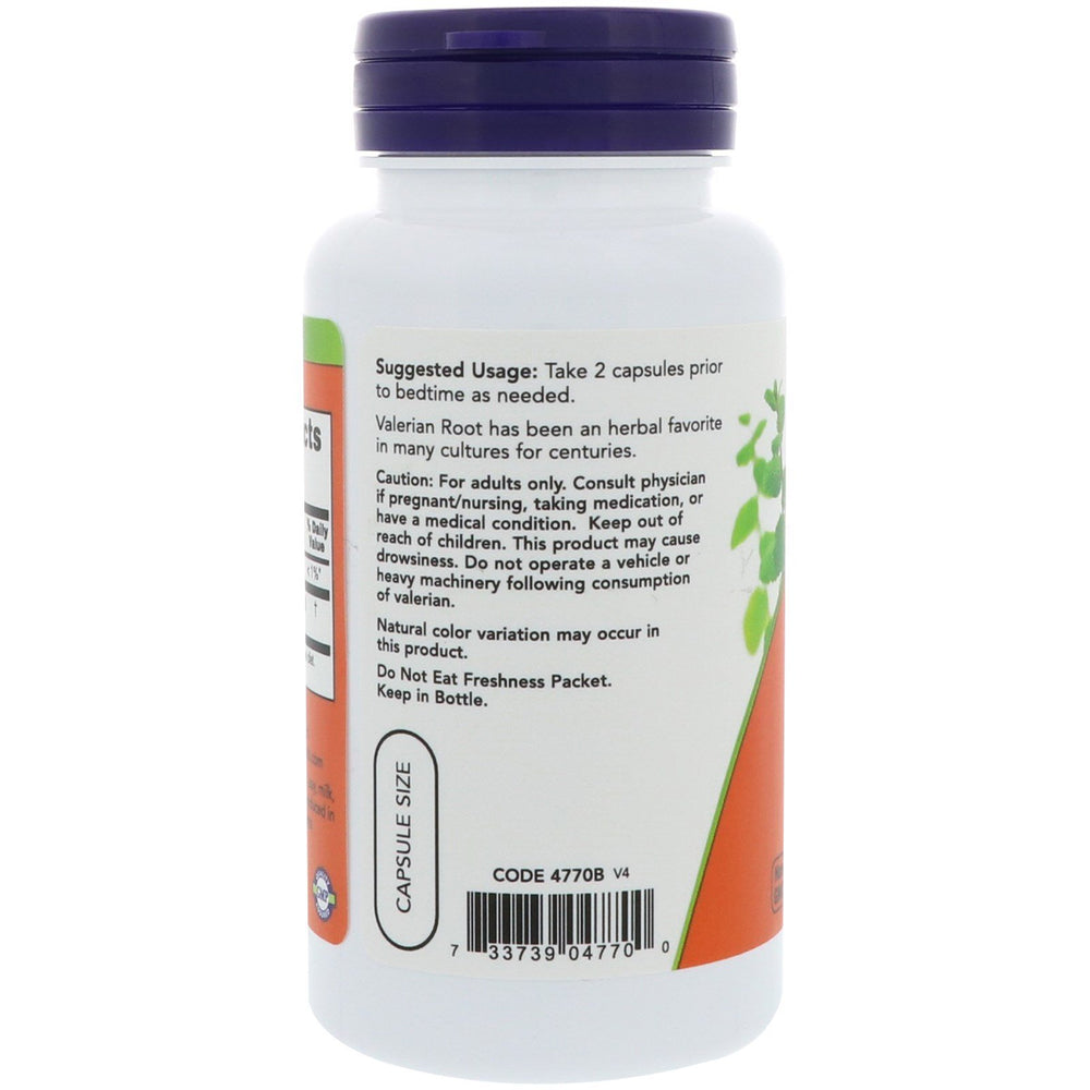 NOW Foods Valerian Root capsule close-up, showcasing easy intake and dosage