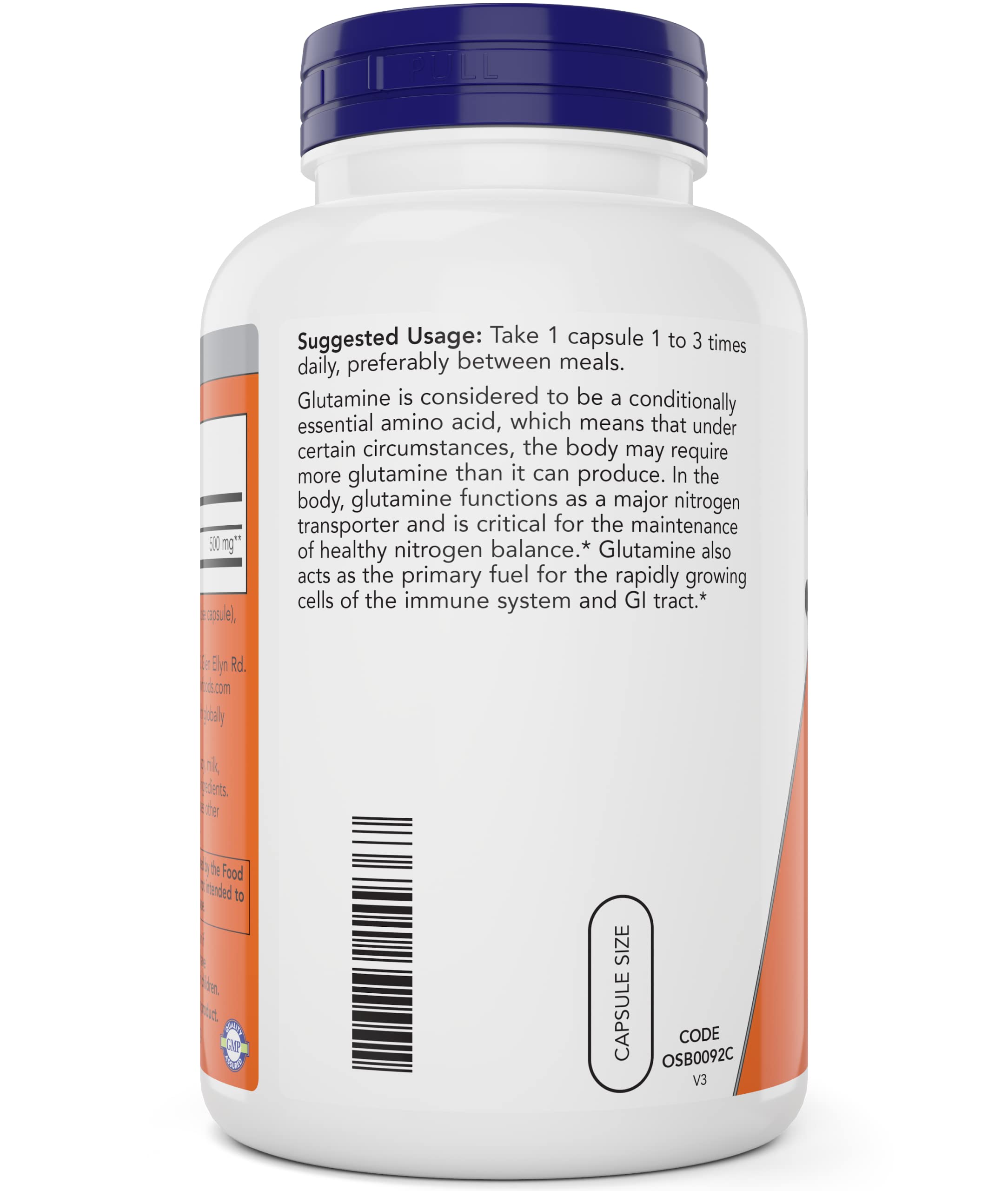 Packaging of NOW Foods vegan L-Glutamine capsules highlighting vegan and non-GMO formula