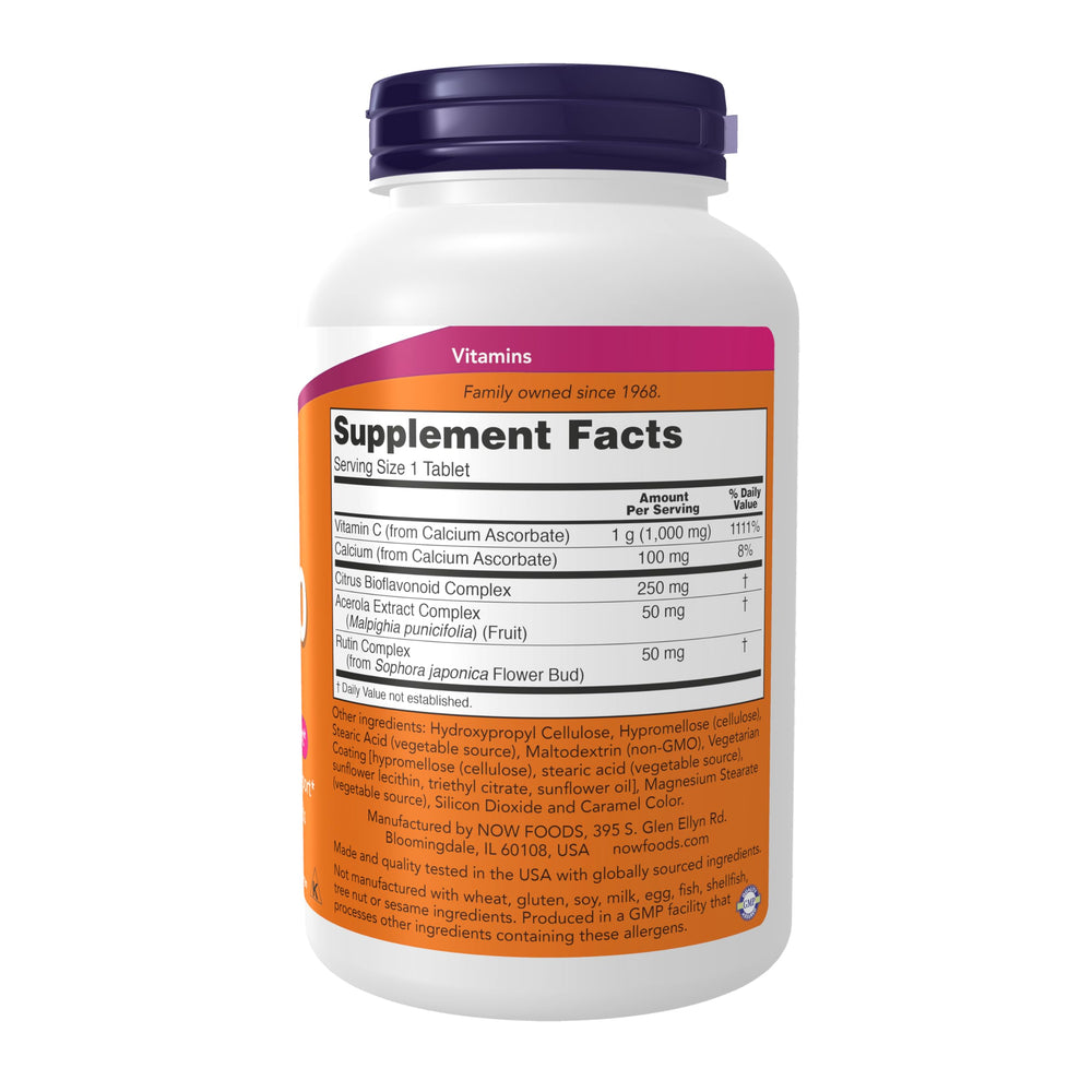 NOW Foods Vitamin C-1000 bioflavonoids tablets showing enhanced absorption and synergy.