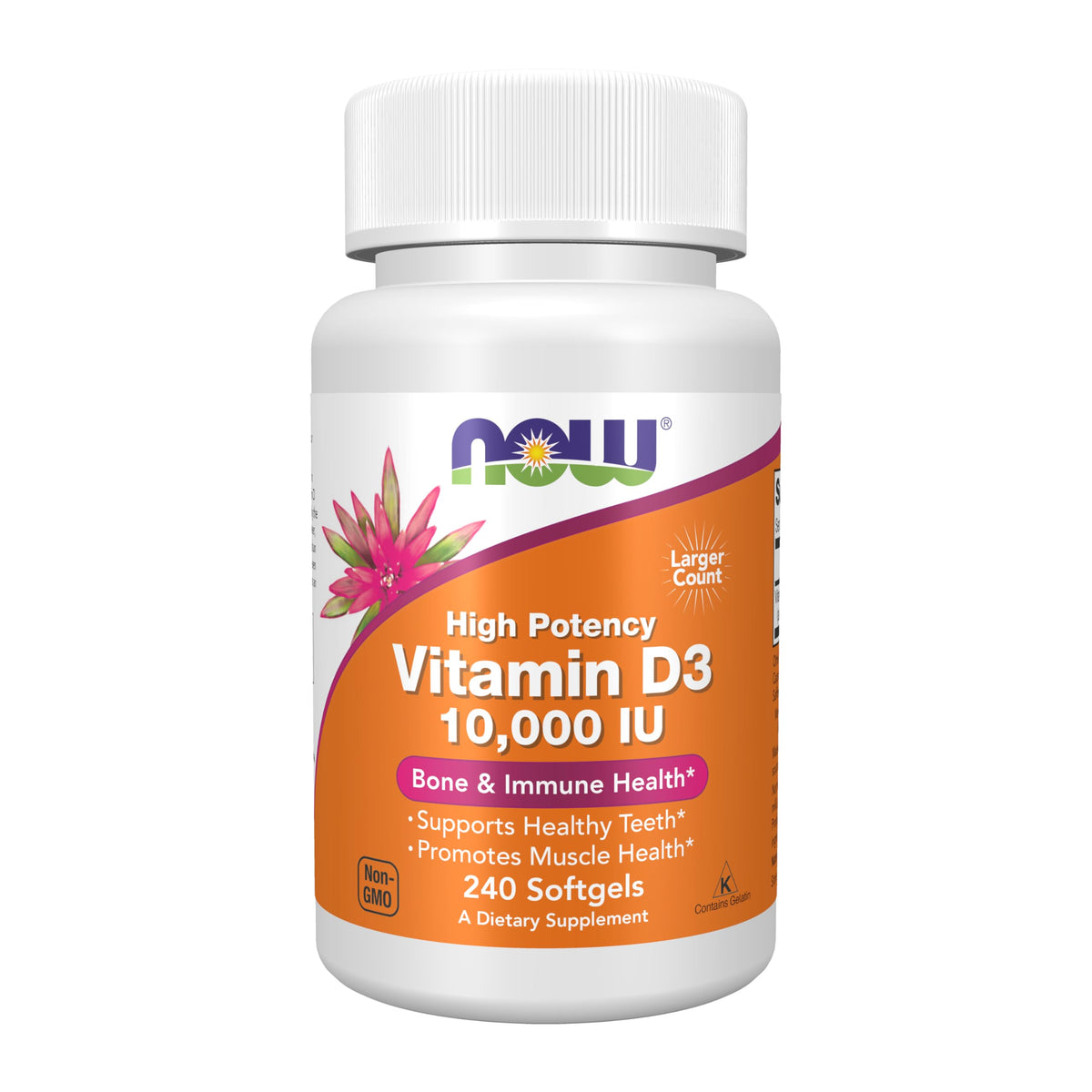 NOW Foods Vitamin D3 10,000 IU softgels bottle shows high potency for daily bone and immune support.