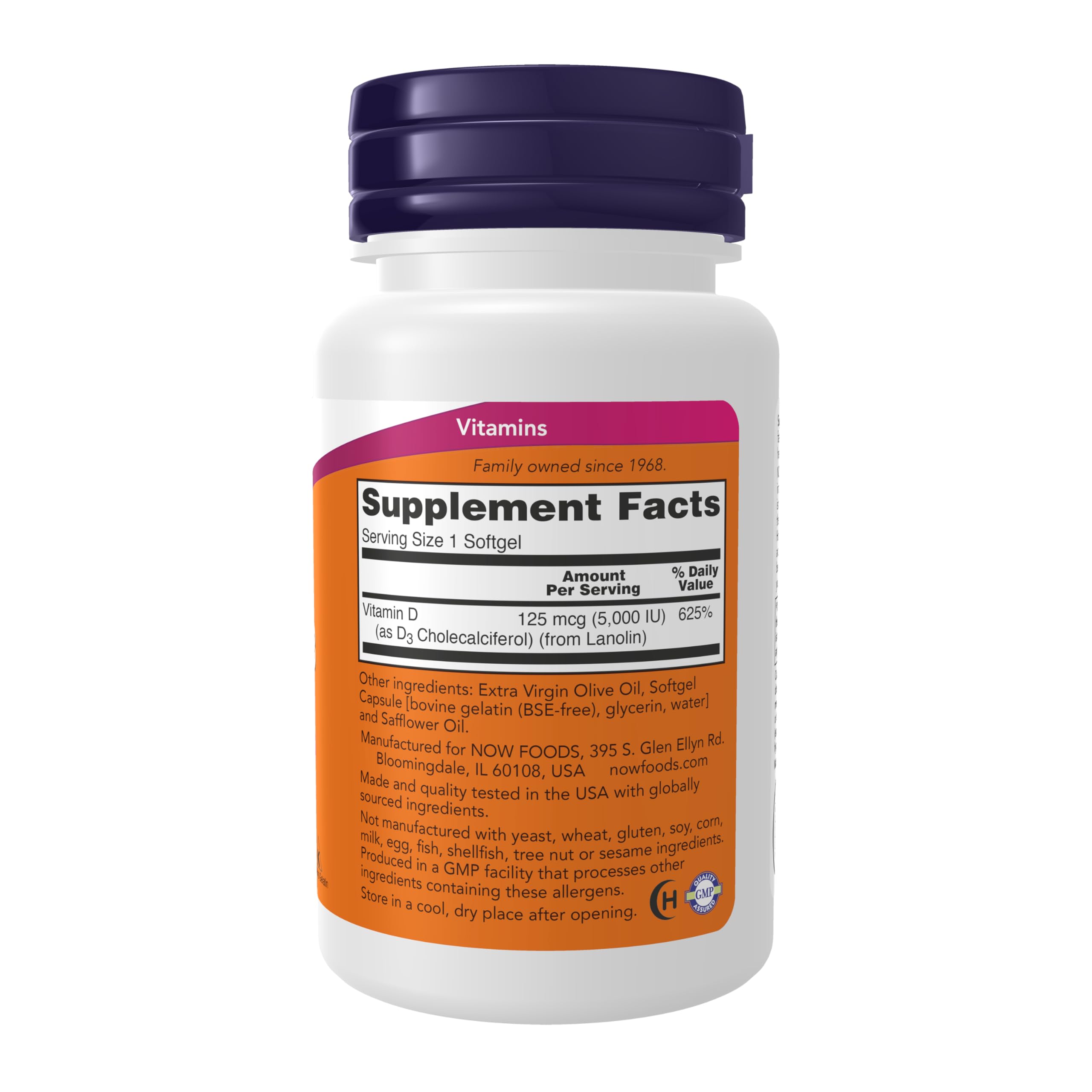 Close-up of NOW Foods softgels showing high-potency Vitamin D-3 for bone health.