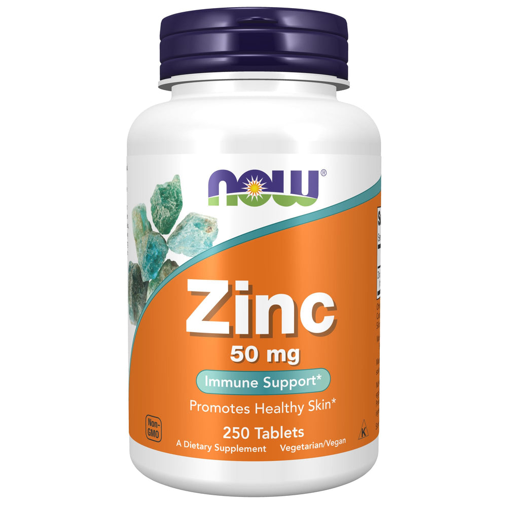 NOW Foods Zinc 50 mg tablets bottle close-up showing high-potency zinc gluconate