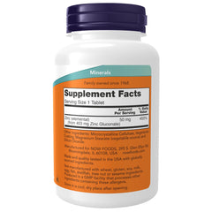 NOW Foods Zinc 50 mg bottle on a store shelf for convenient daily nutrition