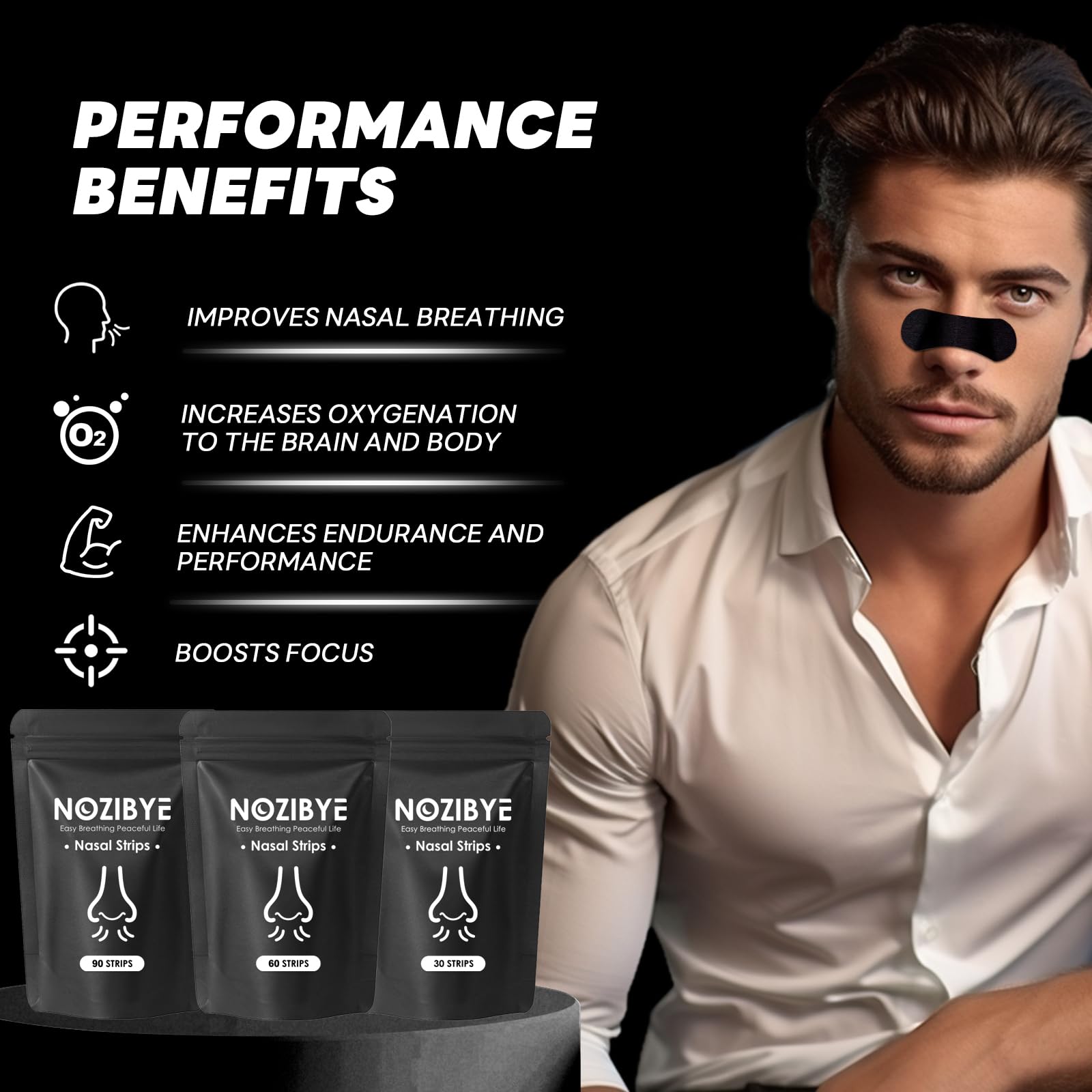 Nozibye nose strips shown with a soft silk texture against skin.