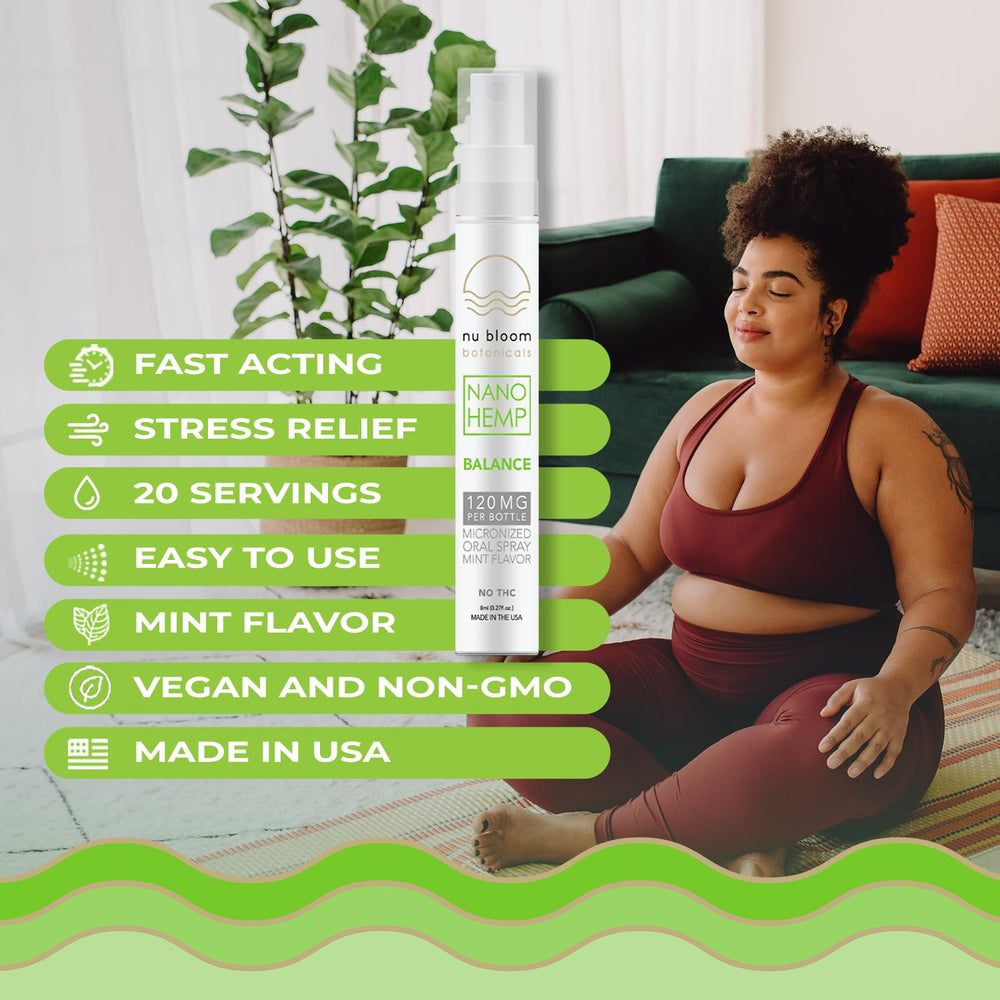 Nu Bloom spray being applied under the tongue for quick calming support.