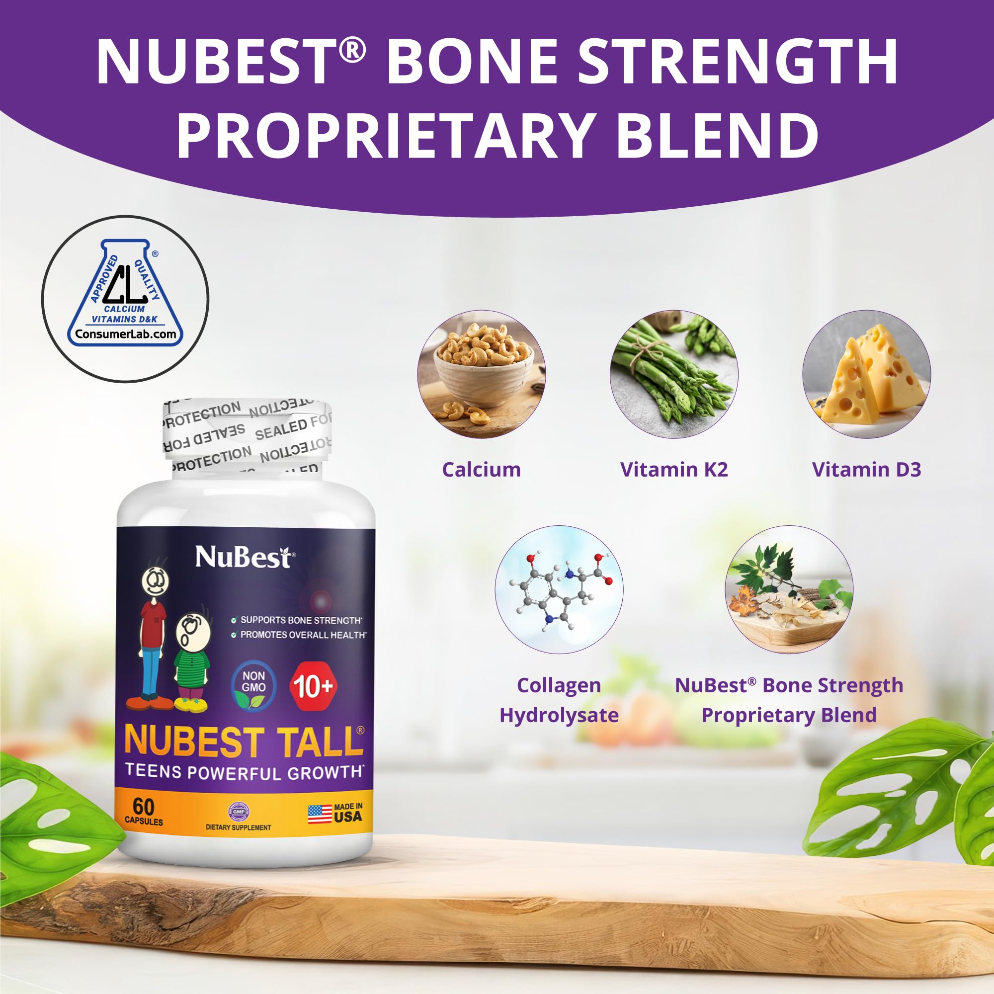 NuBest Tall 10+ bottle side view showing daily intake for teens