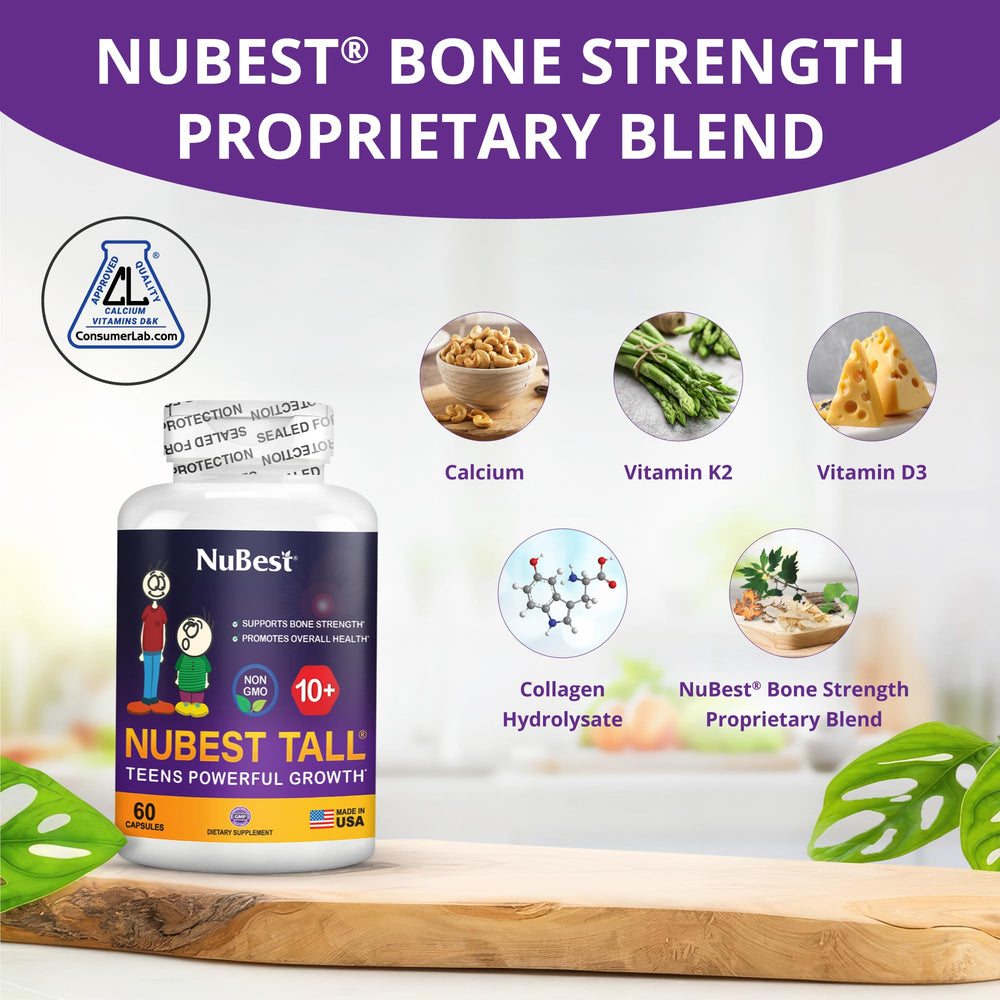 NuBest Tall 10+ bottle side view showing daily intake for teens