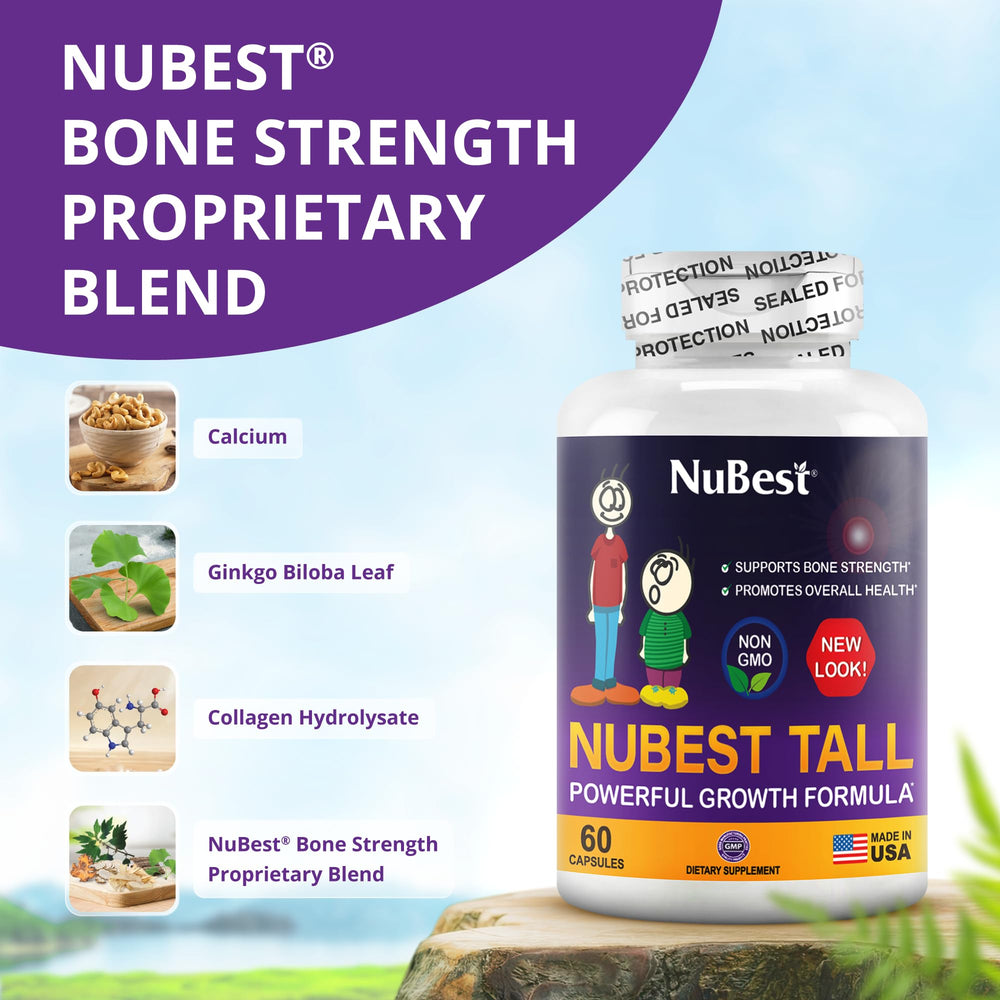 NuBest Tall bottle closeup of capsules for growing bones and immune vitality.