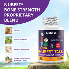 NuBest Tall bottle closeup of capsules for growing bones and immune vitality.