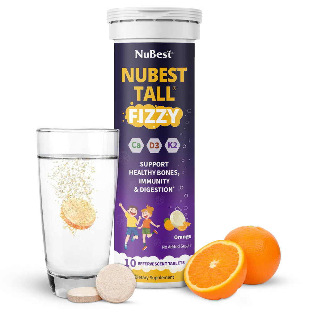 NuBest Tall Fizzy orange tablet dissolving in water for a kid-friendly drink
