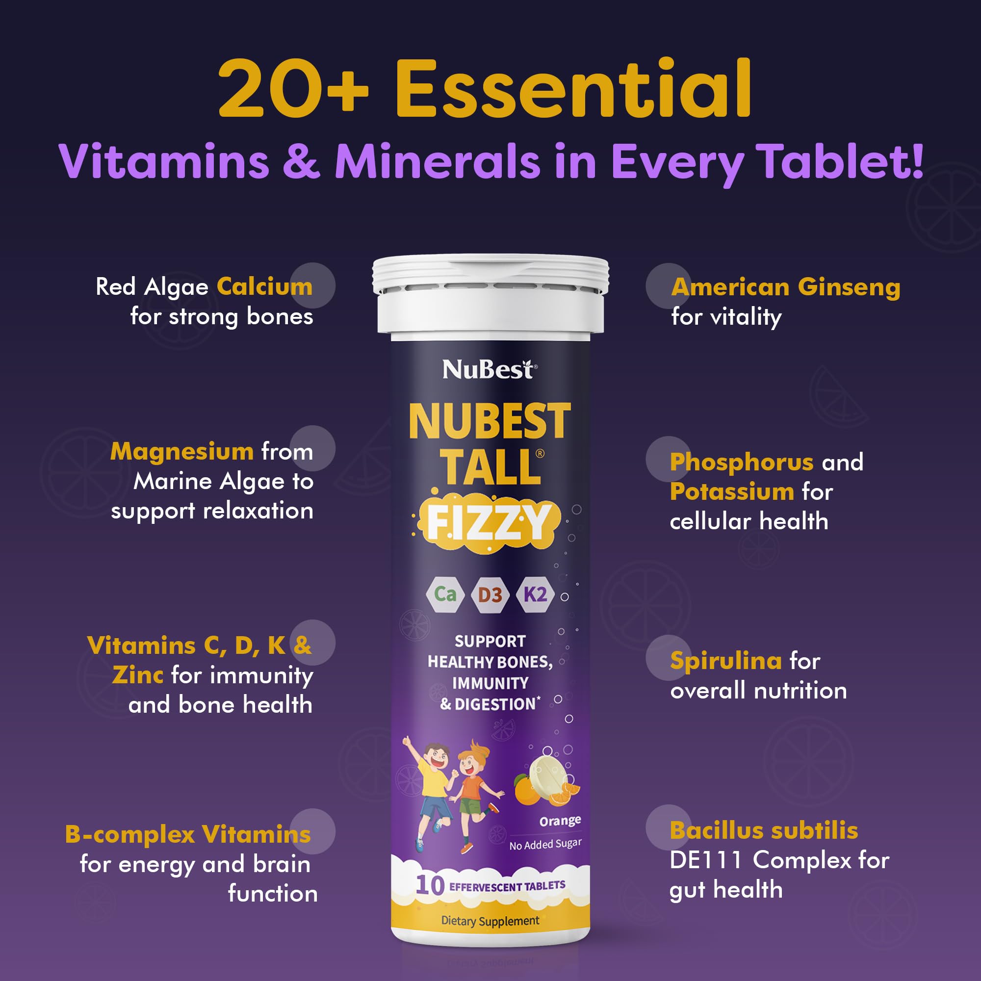 NuBest Tall Fizzy orange effervescent tablet ready to be mixed in water