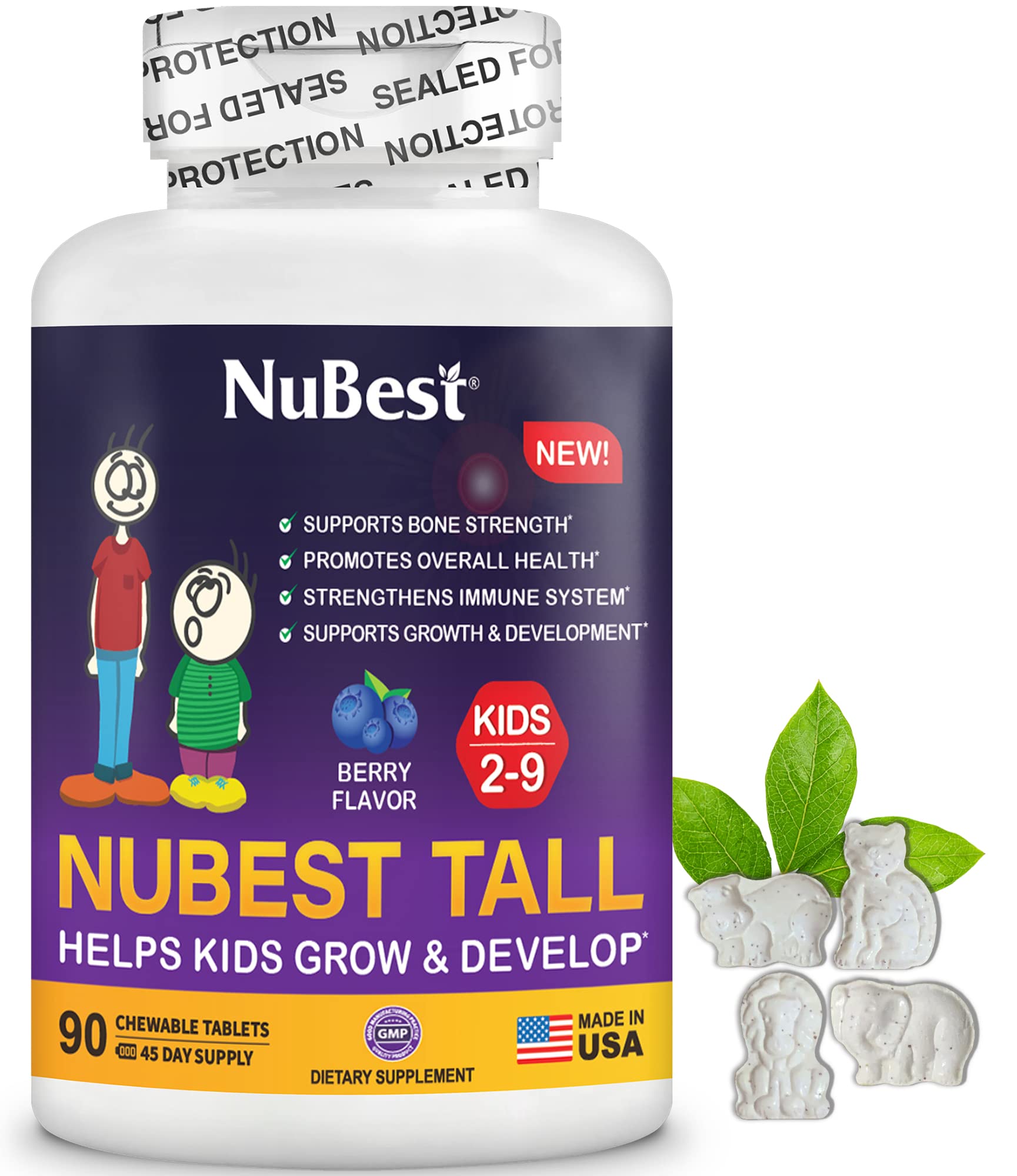 NuBest Tall Kids bottle with berry-flavored chewables for daily child nutrition.