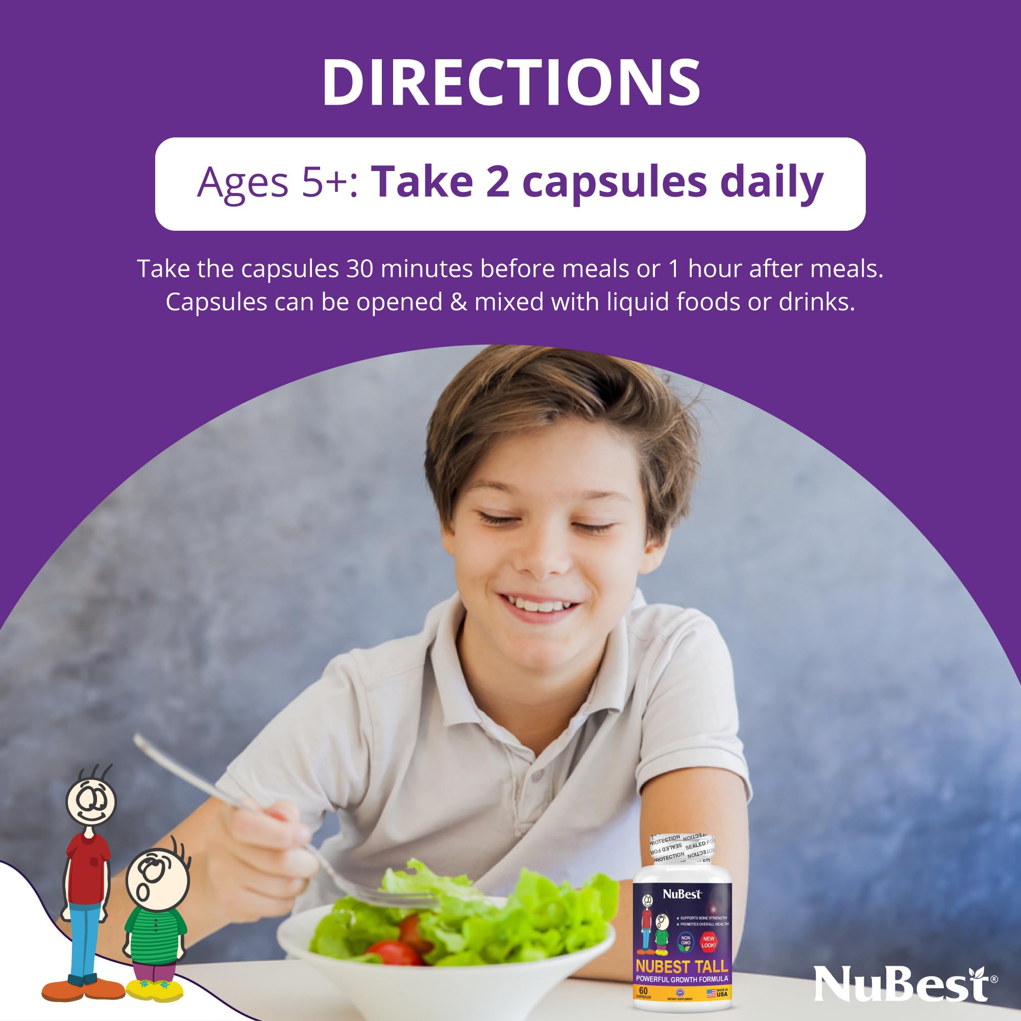 NuBest Tall kids dosing visual suggests easy daily intake for ages five plus.
