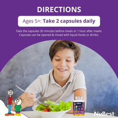 NuBest Tall kids dosing visual suggests easy daily intake for ages five plus.