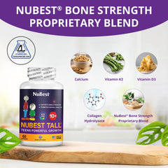 NuBest Tall 10+ capsules closeup highlighting calcium and vitamins for growing teens