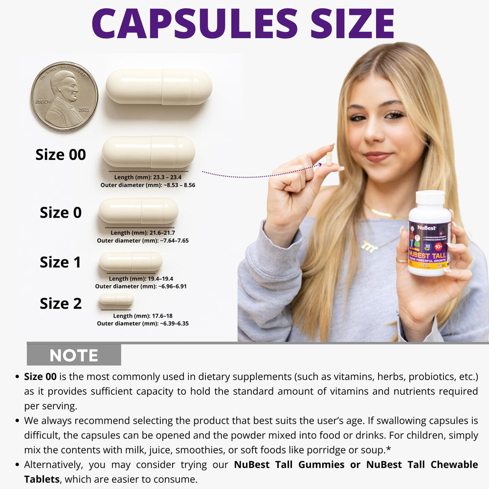 NuBest Tall 10+ collagen capsule image illustrating easy absorption for teens