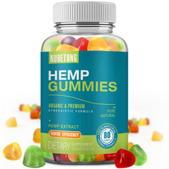 Nubetong Hemp Gummies bottle close-up highlighting tropical flavor for everyday calm.