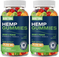 Nubetong hemp gummies bottle with tropical flavor for convenient daily wellness.