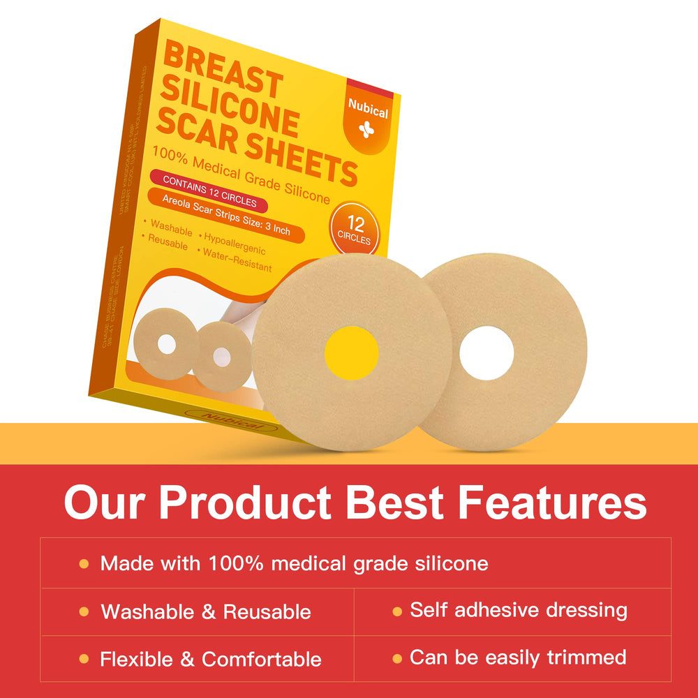 Nubical silicone scar sheet with areola round hole centers your breast scar for comfortable wear.