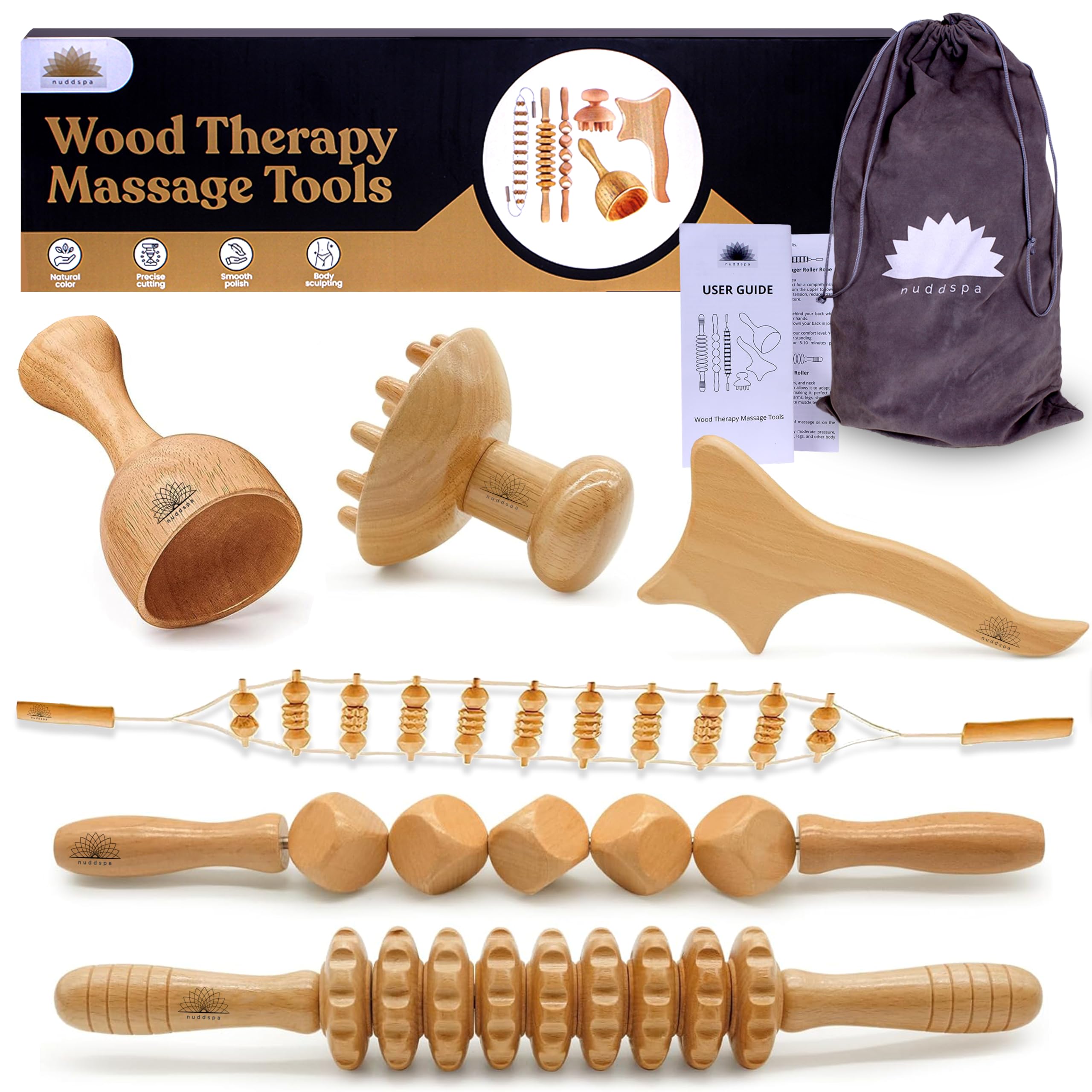 Nuddspa wood therapy 6in1 cup eases deep tissue tension and supports lymphatic flow.