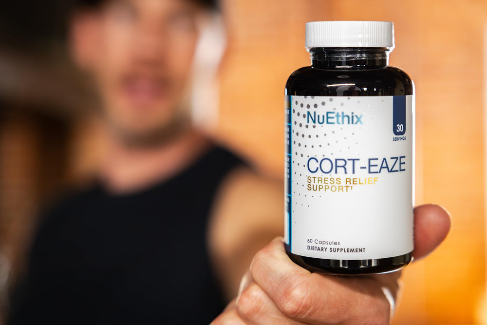 NuEthix Cort-Eaze 60-capsule bottle shown with natural light